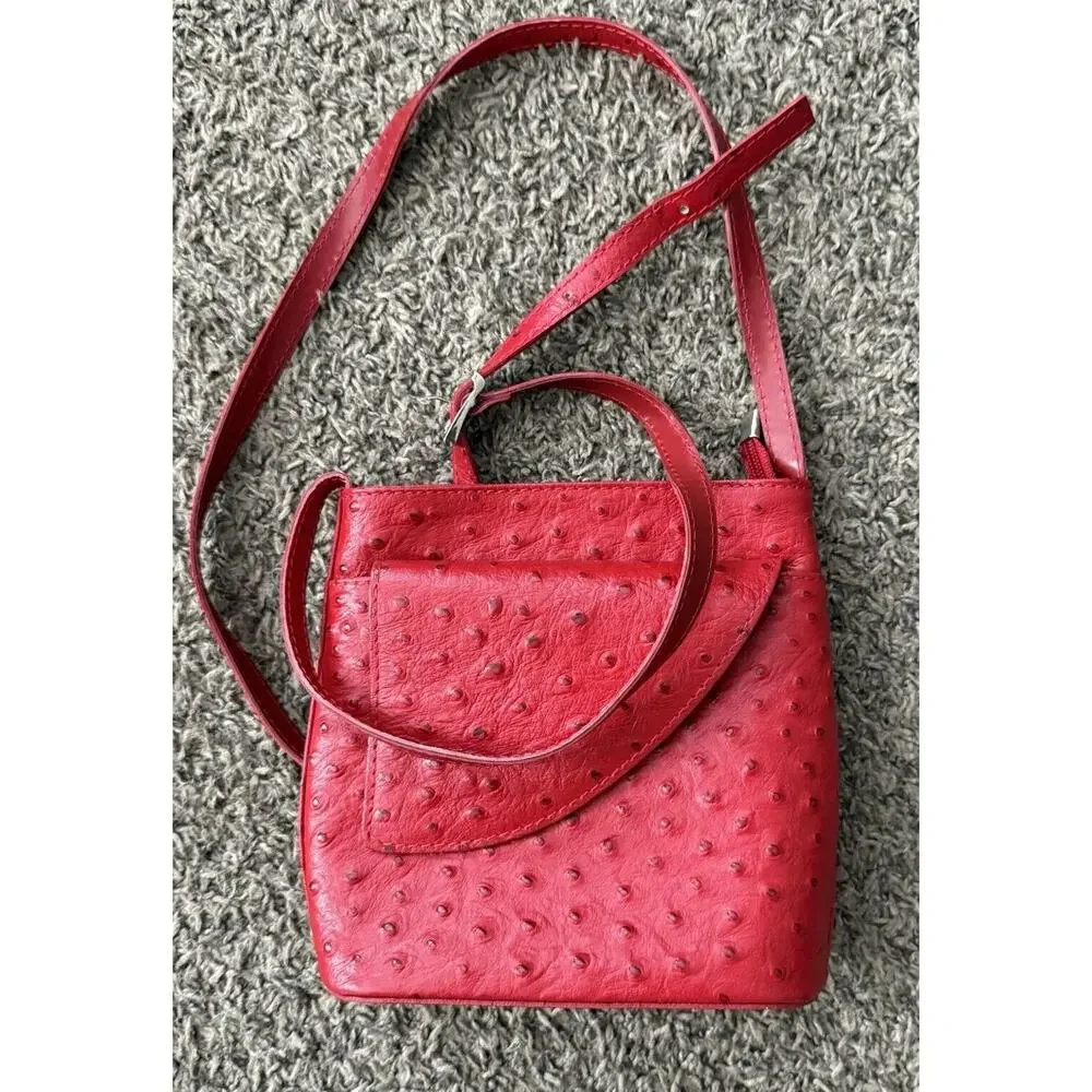 Red Ostrich Leather Crossbody Bag Textured Small Shoulder Purse Zip Top Pocket
